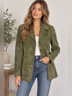 Real Comfort Olive Green 100% Leather Suede Blazer Jacket Women’s LP